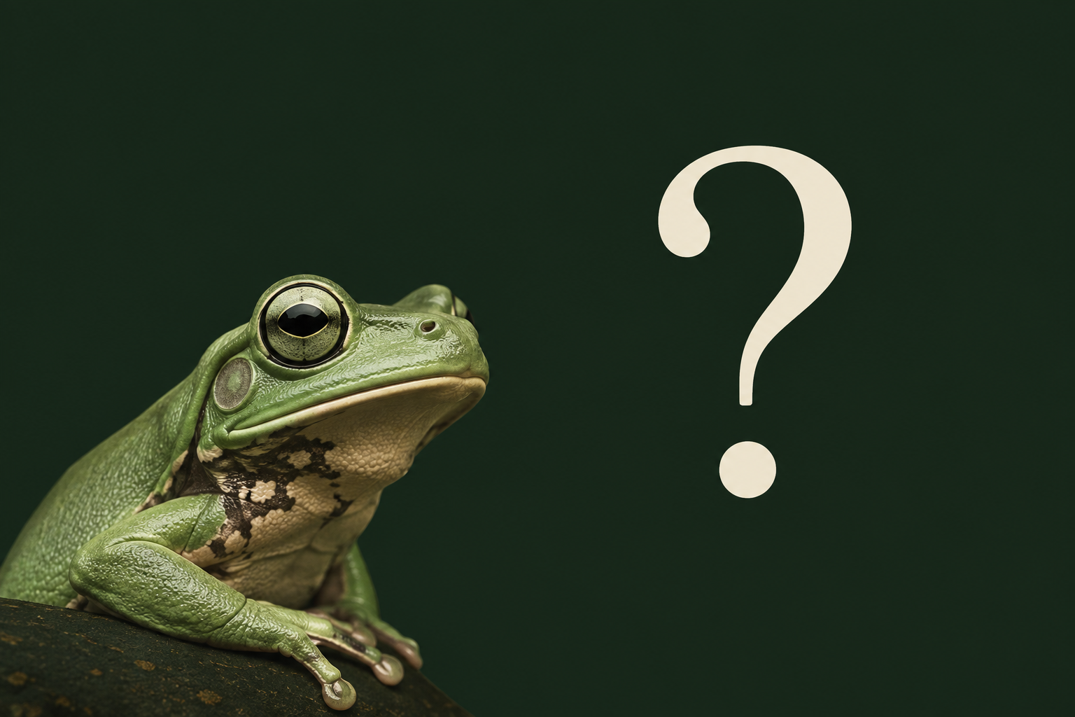 Kambo frog beside a question mark on a dark green background